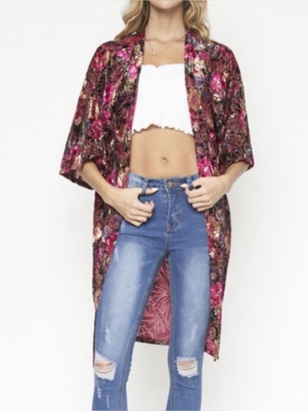Sans Souci Pink Floral Velvet Feel Kimono Cardigan Size Small Boho Whimsigoth - Picture 7 of 9